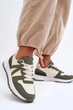 Skórzane Damskie Buty Sportowe Zielono-Beżowe Kabama