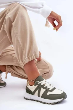 Skórzane Damskie Buty Sportowe Zielono-Beżowe Kabama