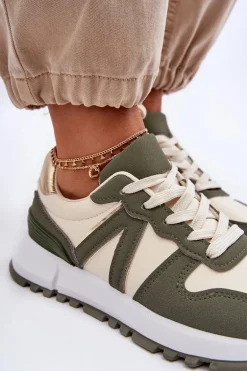 Skórzane Damskie Buty Sportowe Zielono-Beżowe Kabama