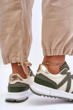 Skórzane Damskie Buty Sportowe Zielono-Beżowe Kabama