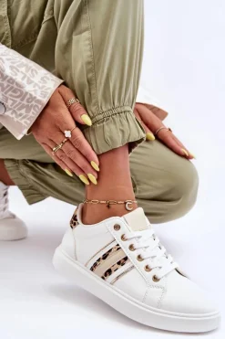 Skórzane Damskie Buty Sportowe Zwierzęcy Wzór Białe Rilee