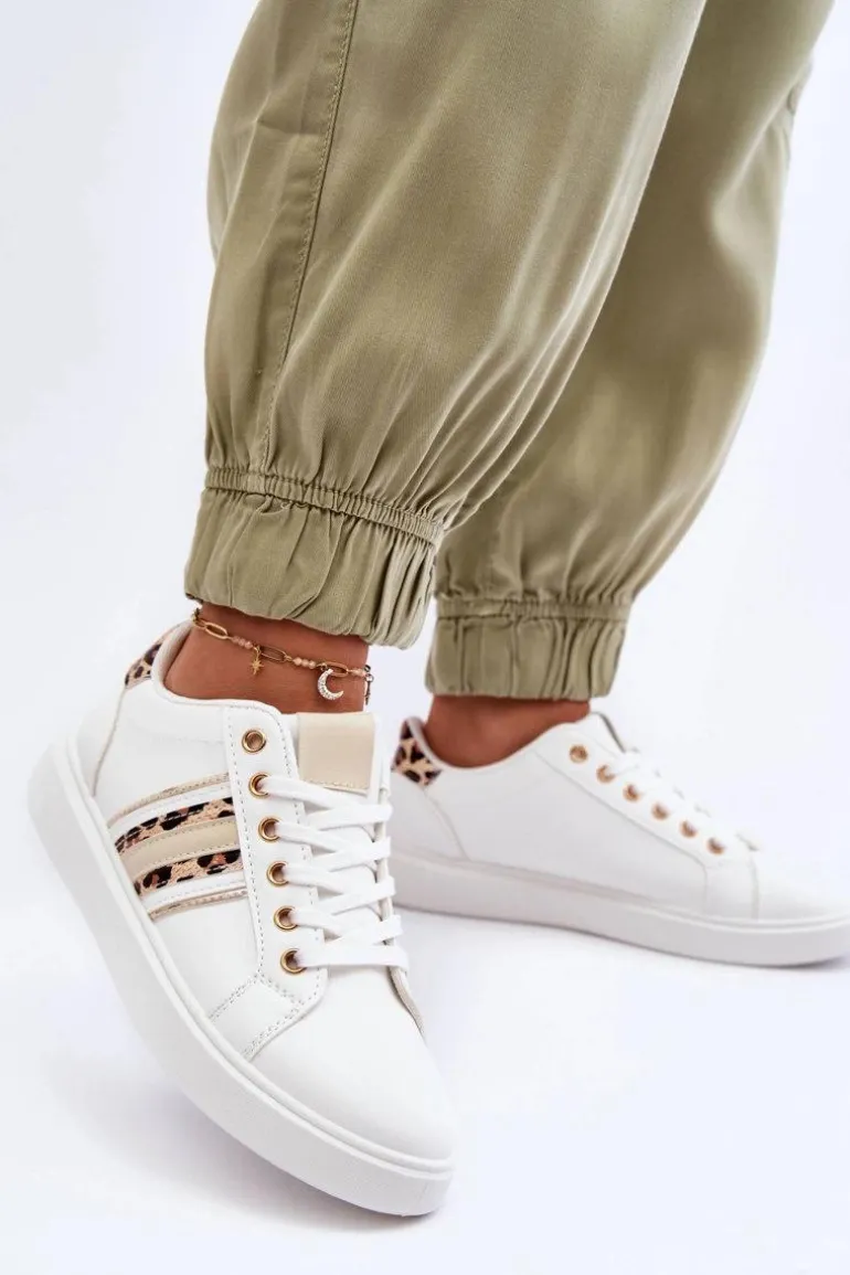 Skórzane Damskie Buty Sportowe Zwierzęcy Wzór Białe Rilee