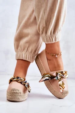 Skórzane Damskie Espadryle Z Łańcuchem Beżowe Fancy