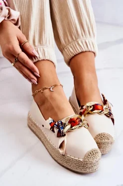 Skórzane Damskie Espadryle Z Łańcuchem Jasnobeżowe Fancy