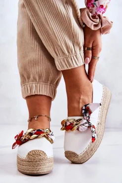 Skórzane Damskie Espadryle Z Łańcuchem Białe Fancy