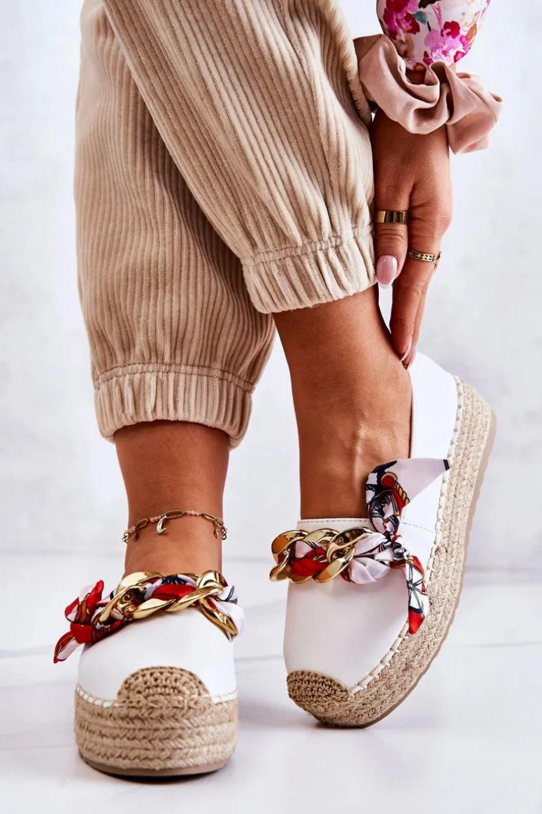 Skórzane Damskie Espadryle Z Łańcuchem Białe Fancy