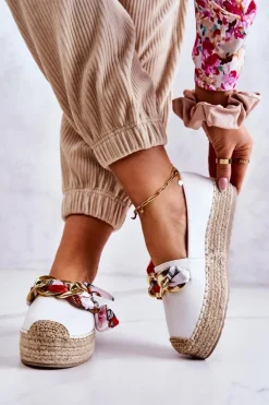 Skórzane Damskie Espadryle Z Łańcuchem Białe Fancy