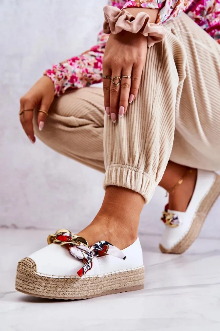 Skórzane Damskie Espadryle Z Łańcuchem Białe Fancy