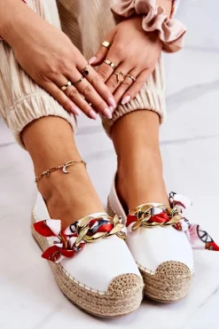Skórzane Damskie Espadryle Z Łańcuchem Białe Fancy