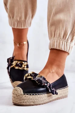 Skórzane Damskie Espadryle Z Łańcuchem Czarne Fancy