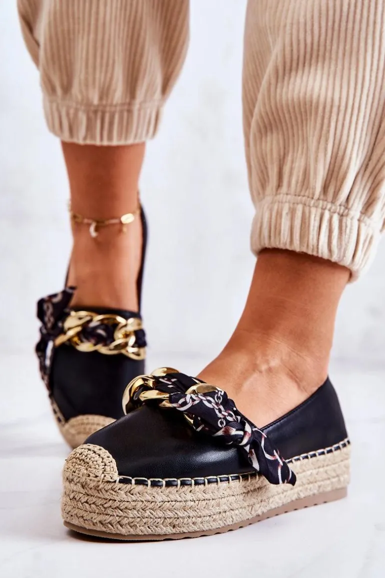 Skórzane Damskie Espadryle Z Łańcuchem Czarne Fancy