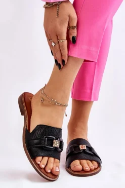 Skórzane Damskie Klapki Lewski Shoes 3270 Czarne