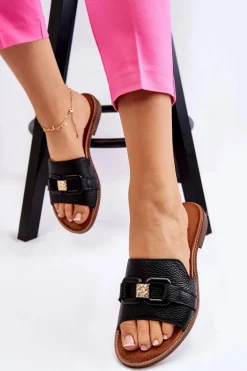 Skórzane Damskie Klapki Lewski Shoes 3270 Czarne