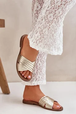 Skórzane Damskie Klapki Lewski Shoes 3682 Złote