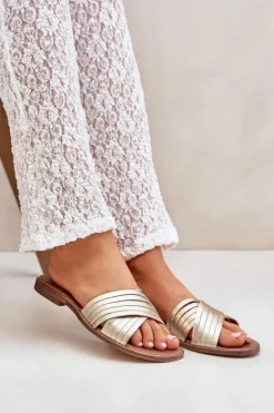 Skórzane Damskie Klapki Lewski Shoes 3682 Złote