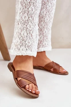 Skórzane Damskie Klapki Lewski Shoes 3682 Camel