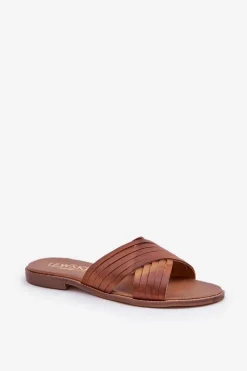 Skórzane Damskie Klapki Lewski Shoes 3682 Camel