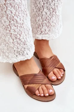 Skórzane Damskie Klapki Lewski Shoes 3682 Camel