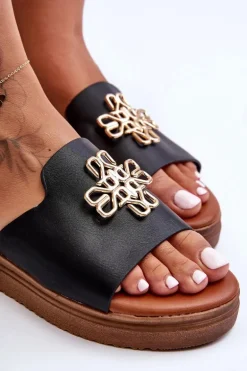 Skórzane Damskie Klapki Na Platformie z Ozdobą Czarne Azera