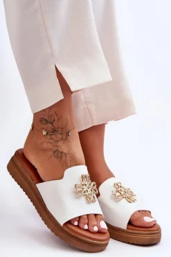 Skórzane Damskie Klapki Na Platformie z Ozdobą Białe Azera