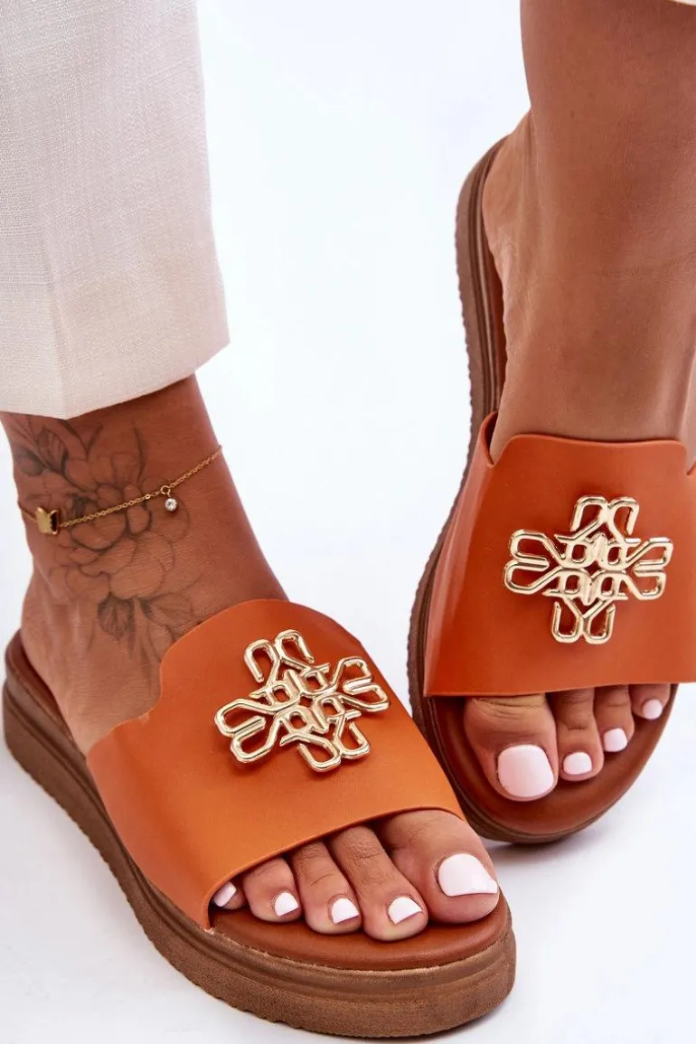 Skórzane Damskie Klapki Na Platformie z Ozdobą Pomarańczowe Azera