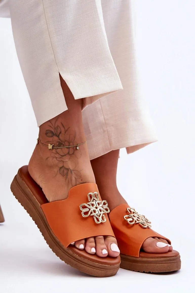 Skórzane Damskie Klapki Na Platformie z Ozdobą Pomarańczowe Azera