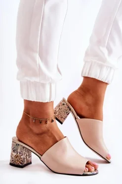 Skórzane Damskie Klapki Na Obcasie Kwiaty Beżowe Nessita