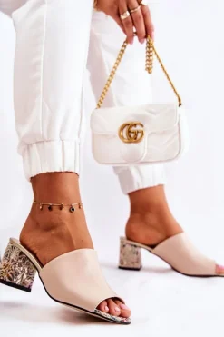 Skórzane Damskie Klapki Na Obcasie Kwiaty Beżowe Nessita