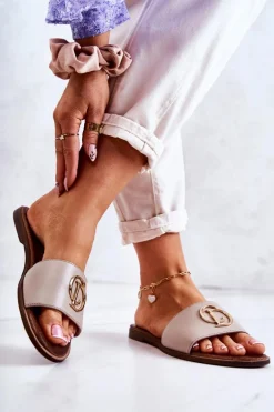 Skórzane Damskie Klapki Nicole 2735 Beżowe