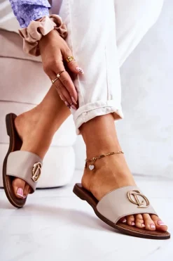 Skórzane Damskie Klapki Nicole 2735 Beżowe