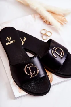 Skórzane Damskie Klapki Nicole 2735 Czarne