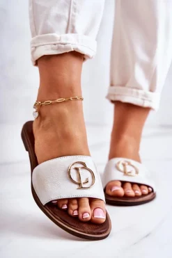 Skórzane Damskie Klapki Nicole 2735 Biało-Złote