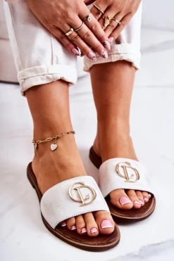 Skórzane Damskie Klapki Nicole 2735 Biało-Złote