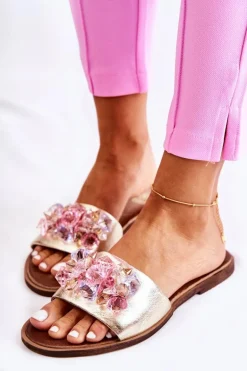 Skórzane Damskie Klapki Z Ozdobą Nicole 2726 Złote