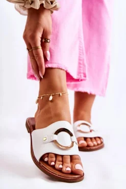 Skórzane Damskie Klapki Z Ozdobą Białe Marinell