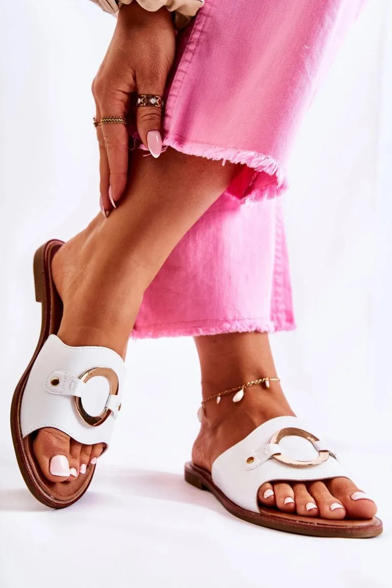 Skórzane Damskie Klapki Z Ozdobą Białe Marinell