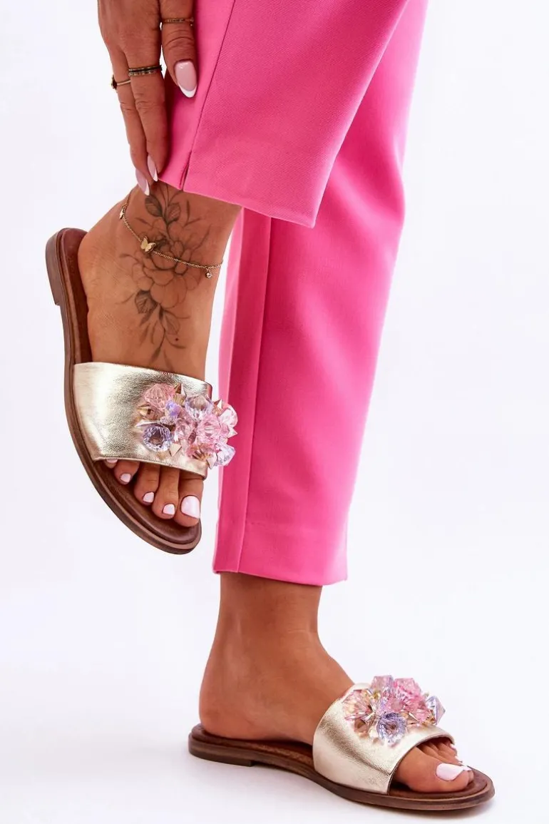 Skórzane Damskie Klapki Z Ozdobą Nicole 2726/064 Złote