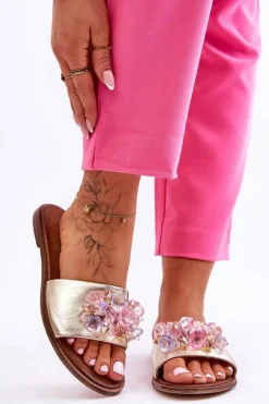 Skórzane Damskie Klapki Z Ozdobą Nicole 2726/064 Złote