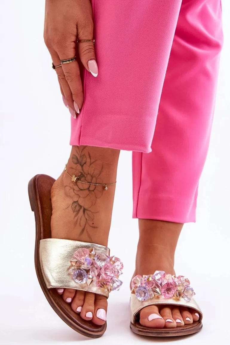 Skórzane Damskie Klapki Z Ozdobą Nicole 2726/064 Złote