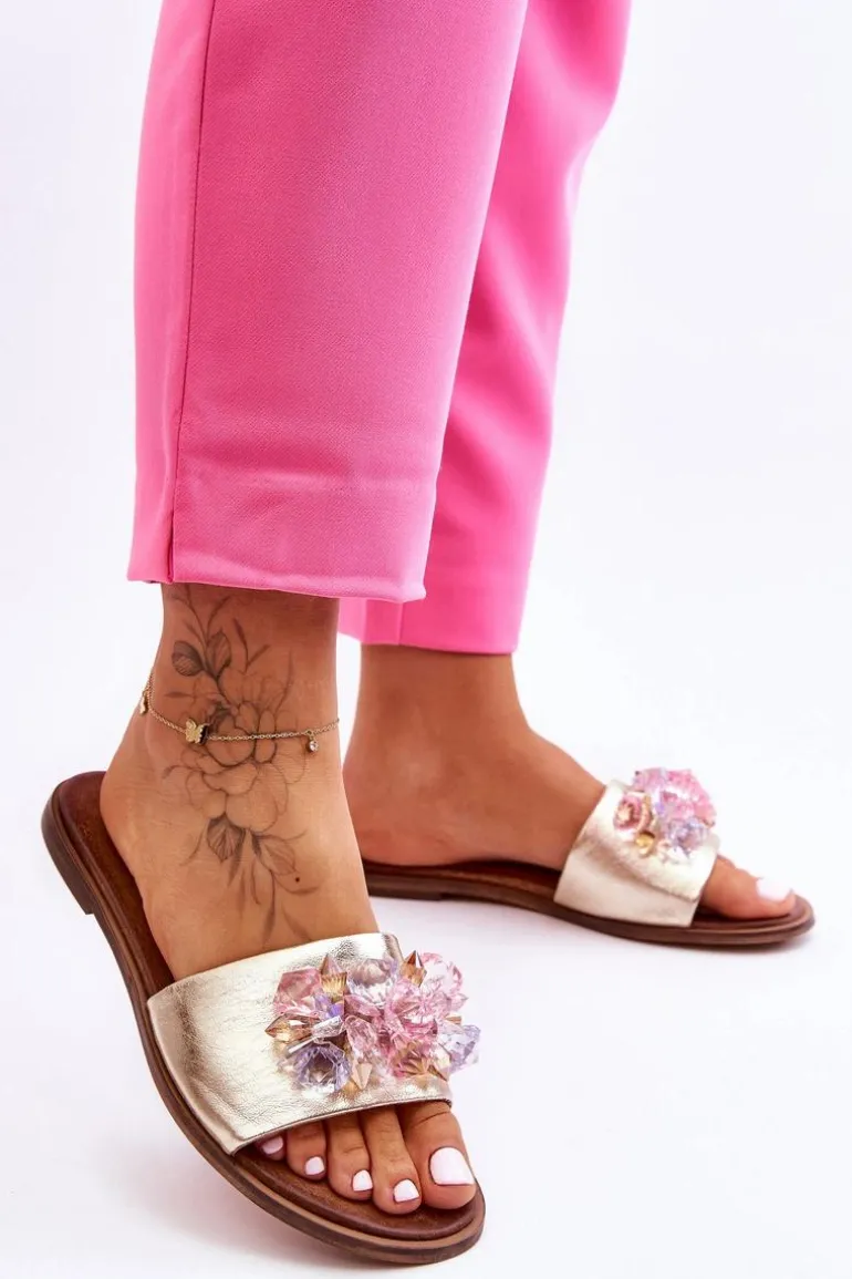 Skórzane Damskie Klapki Z Ozdobą Nicole 2726/064 Złote