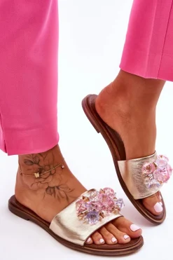 Skórzane Damskie Klapki Z Ozdobą Nicole 2726/064 Złote