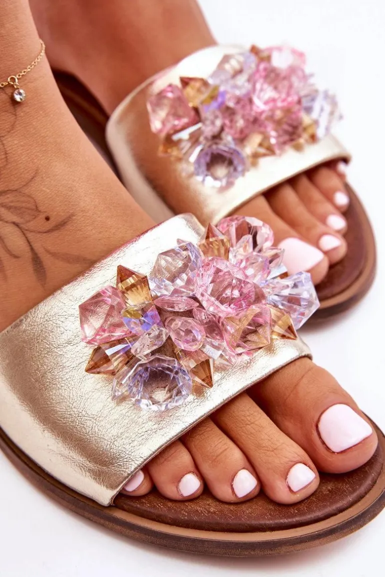 Skórzane Damskie Klapki Z Ozdobą Nicole 2726/064 Złote