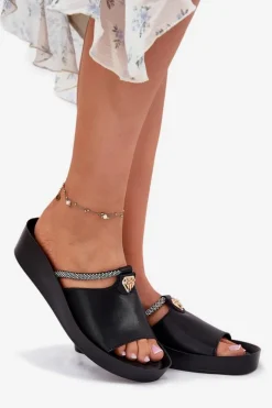 Skórzane Damskie Klapki Z Ozdobnym Paskiem KV51-034 Czarne