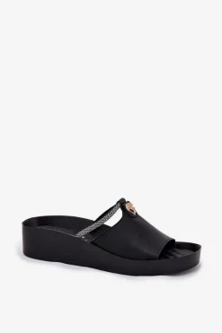 Skórzane Damskie Klapki Z Ozdobnym Paskiem KV51-034 Czarne
