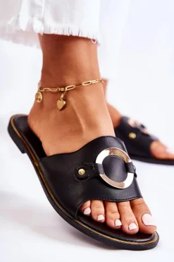 Skórzane Damskie Klapki Z Ozdobą Czarne Marinell