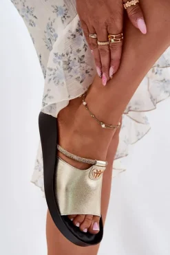 Skórzane Damskie Klapki Z Ozdobnym Paskiem KV51-034 Złote