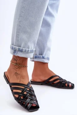 Skórzane Damskie Klapki Z Paskami Czarne Doralia