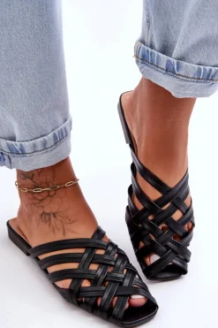 Skórzane Damskie Klapki Z Paskami Czarne Doralia