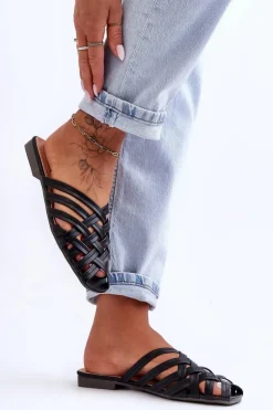 Skórzane Damskie Klapki Z Paskami Czarne Doralia