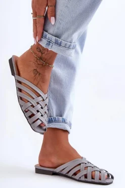 Skórzane Damskie Klapki Z Paskami Szare Doralia